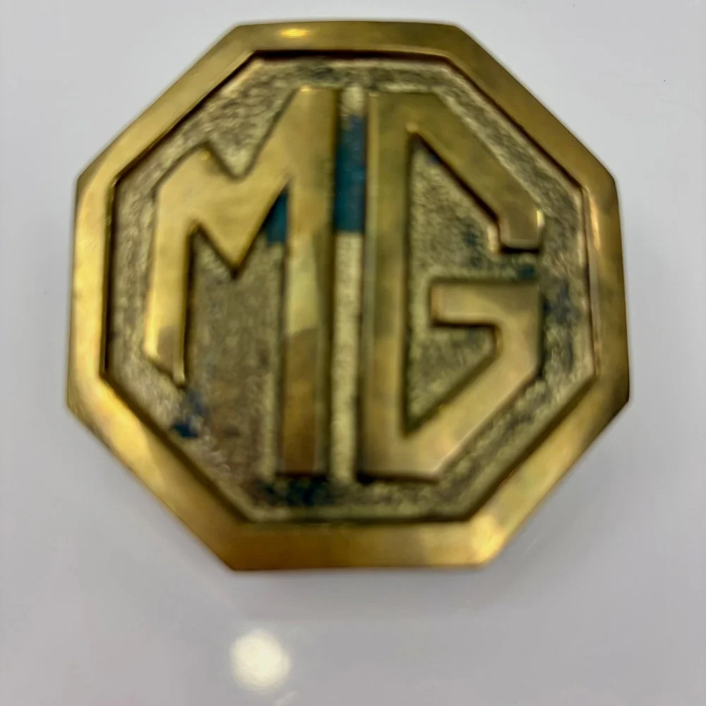 Vintage MG Motor Cars Solid Brass Belt Buckle Octagon Logo Automotive Accessory